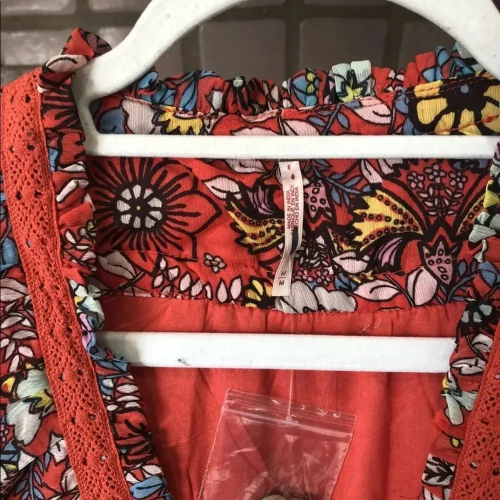 Free People Cassis Printed Chiffon Dress Tiered LinedFloral Red Pink Blue Yellow - Picture 6 of 6